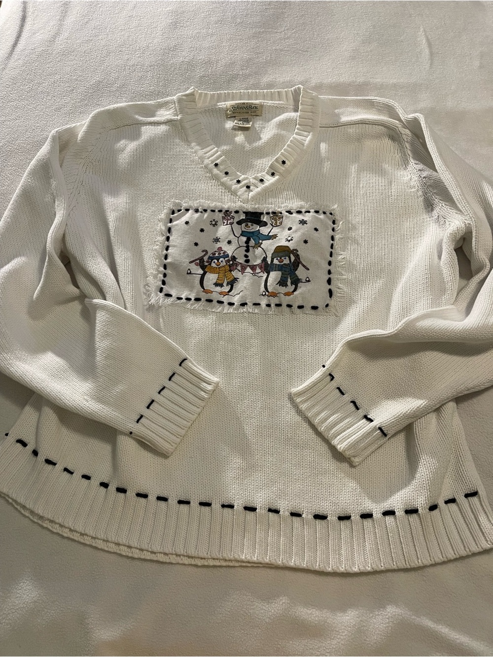 St. John's Bay White V-Neck Penguin Panel Sweater- handmade snowman motif